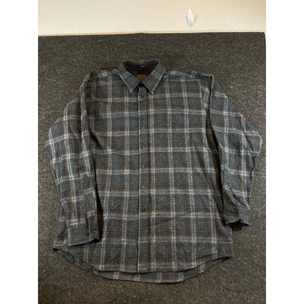 Pendleton Lodge Wool Plaid Shirt Mens XXL Tall Gray Blue Brown Western Preppy